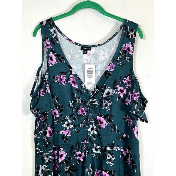 Torrid Dress 22 Green Midi Floral Cold Shoulder Feminine Tropical Retro Boho 80s - Picture 3 of 15
